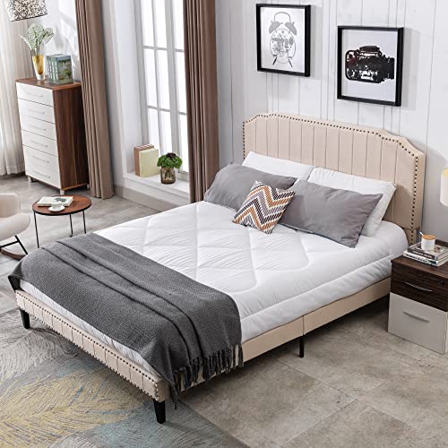 civama Queen Bed Frame with Headboard, Upholstered Platform Beds Modern Linen Mattress Foundation with Nail Head Footboard, No Box Spring Needed, Strong Wood Slats Support, Easy Assembly, Beige