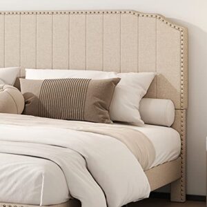 civama Queen Bed Frame with Headboard, Upholstered Platform Beds Modern Linen Mattress Foundation with Nail Head Footboard, No Box Spring Needed, Strong Wood Slats Support, Easy Assembly, Beige