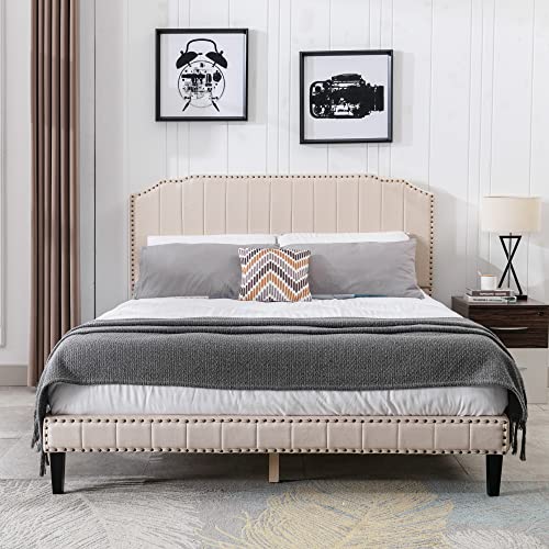 civama Queen Bed Frame with Headboard, Upholstered Platform Beds Modern Linen Mattress Foundation with Nail Head Footboard, No Box Spring Needed, Strong Wood Slats Support, Easy Assembly, Beige