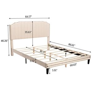 civama Queen Bed Frame with Headboard, Upholstered Platform Beds Modern Linen Mattress Foundation with Nail Head Footboard, No Box Spring Needed, Strong Wood Slats Support, Easy Assembly, Beige