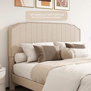 civama Queen Bed Frame with Headboard, Upholstered Platform Beds Modern Linen Mattress Foundation with Nail Head Footboard, No Box Spring Needed, Strong Wood Slats Support, Easy Assembly, Beige