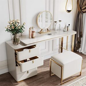 i-POOK Modern Makeup Vanity Set, Wood White Dressing Table Set with Side Cabinet, 15.75" Round Mirror and PU Leather Stool for Girls Bedroom, Gift for Wife, Daughter, Mother, 47.24" x 29.53" x 17.72"