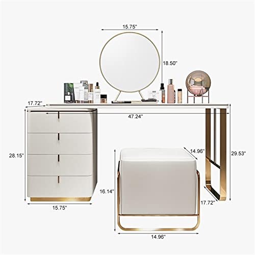 i-POOK Modern Makeup Vanity Set, Wood White Dressing Table Set with Side Cabinet, 15.75" Round Mirror and PU Leather Stool for Girls Bedroom, Gift for Wife, Daughter, Mother, 47.24" x 29.53" x 17.72"