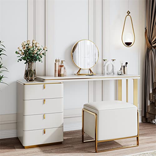 i-POOK Modern Makeup Vanity Set, Wood White Dressing Table Set with Side Cabinet, 15.75" Round Mirror and PU Leather Stool for Girls Bedroom, Gift for Wife, Daughter, Mother, 47.24" x 29.53" x 17.72"