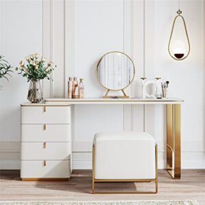 i-POOK Modern Makeup Vanity Set, Wood White Dressing Table Set with Side Cabinet, 15.75" Round Mirror and PU Leather Stool for Girls Bedroom, Gift for Wife, Daughter, Mother, 47.24" x 29.53" x 17.72"