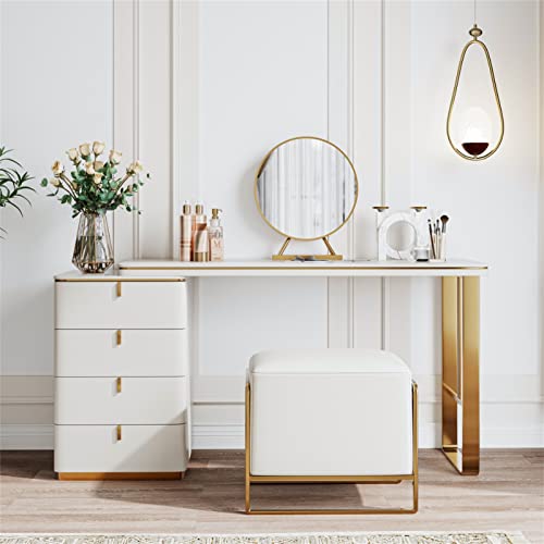 i-POOK Modern Makeup Vanity Set, Wood White Dressing Table Set with Side Cabinet, 15.75" Round Mirror and PU Leather Stool for Girls Bedroom, Gift for Wife, Daughter, Mother, 47.24" x 29.53" x 17.72"