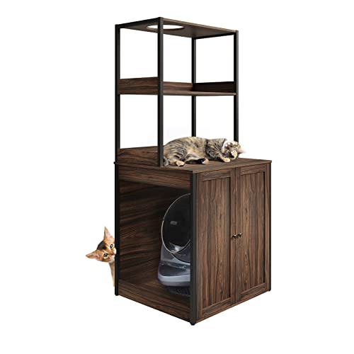 Large Cat Litter Box Enclosure Furniture for Self-Cleaning Cat Litter Box, Wood Cat Washroom Furniture with Shelves, Cat Cabinet for Smart Litter Box Size Less Than 30.7 x 28.3 x 26.0 Inch, Indoor