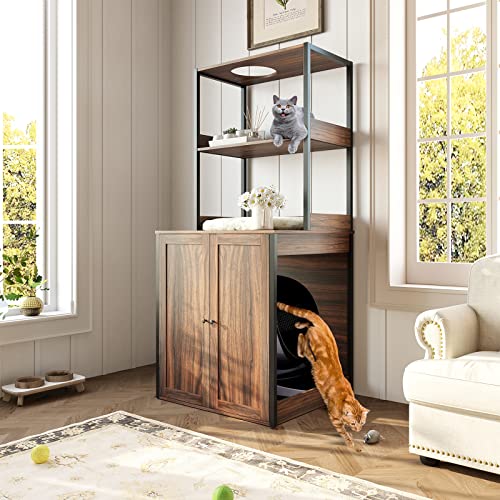 Large Cat Litter Box Enclosure Furniture for Self-Cleaning Cat Litter Box, Wood Cat Washroom Furniture with Shelves, Cat Cabinet for Smart Litter Box Size Less Than 30.7 x 28.3 x 26.0 Inch, Indoor