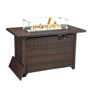 42 inch outdoor propane gas fire pit table, 50,000 btu auto-ignition gas firepit with glass wind guard, alloy wood grain tabletop by hanliko-brown