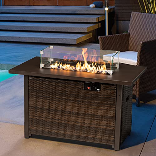 42 Inch Outdoor Propane Gas Fire Pit Table, 50,000 BTU Auto-Ignition Gas Firepit with Glass Wind Guard, Alloy Wood Grain Tabletop by HANLIKO-Brown