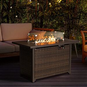 42 Inch Outdoor Propane Gas Fire Pit Table, 50,000 BTU Auto-Ignition Gas Firepit with Glass Wind Guard, Alloy Wood Grain Tabletop by HANLIKO-Brown