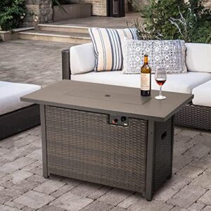 42 Inch Outdoor Propane Gas Fire Pit Table, 50,000 BTU Auto-Ignition Gas Firepit with Glass Wind Guard, Alloy Wood Grain Tabletop by HANLIKO-Brown