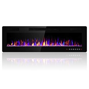 electactic 60 inches electric fireplace recessed and wall mounted electric fireplace, fireplace heater and linear fireplace, with timer, remote control, adjustable flame color, 750w/1500w, black