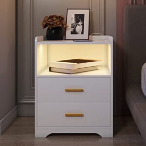 dnbss white nightstand with charging station and led nightstand,nightstands with 2 drawers,smart bedside table,bed side table/night stand for bedroom,smart night stand bedside table auto-light on