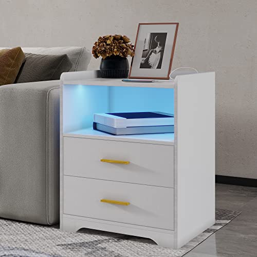 dnbss White Nightstand with Charging Station and Led Nightstand,Nightstands with 2 Drawers,Smart Bedside Table,Bed Side Table/Night Stand for Bedroom,Smart Night Stand Bedside Table Auto-Light ON