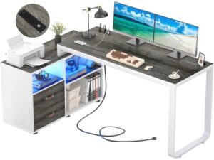 homieasy l shaped desk with file cabinet & power outlet, 55 inch large corner computer desks with led strip, l-shaped computer desk with drawers and storage shelves for home office, grey & white