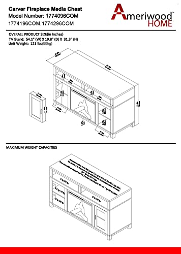 Ameriwood Home Carver Electric Fireplace TV Stand for TVs up to 60" Wide, White