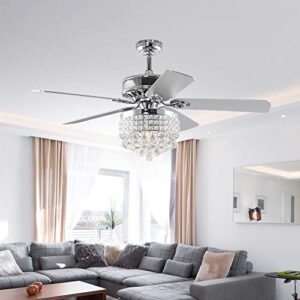 tropwellhouse luxurefan 52″ crystal led chrome ceiling fan light fixture gorgeous crystal 5 reverse wood blades modern chandelier with remote control decoration home/living room