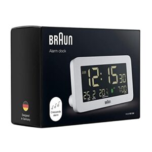 Braun Digital Alarm Clock with Date, Month and Temperature Displayed, Negative LCD Display, Quick Set, Crescendo Beep Alarm in White, Model BC10W.