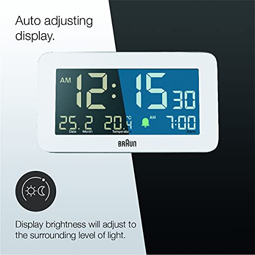 Braun Digital Alarm Clock with Date, Month and Temperature Displayed, Negative LCD Display, Quick Set, Crescendo Beep Alarm in White, Model BC10W.