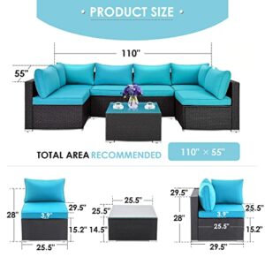 LAUSAINT HOME 7-Piece Outdoor Patio Furniture, PE Rattan Patio Furniture Set All Weather Sectional Conversation Sets with Cushions, Outside Sofa with Tempered Glass Table for Garden (Blue-7PCS)