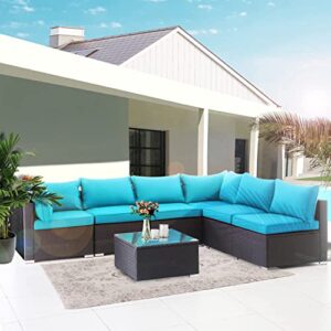 LAUSAINT HOME 7-Piece Outdoor Patio Furniture, PE Rattan Patio Furniture Set All Weather Sectional Conversation Sets with Cushions, Outside Sofa with Tempered Glass Table for Garden (Blue-7PCS)