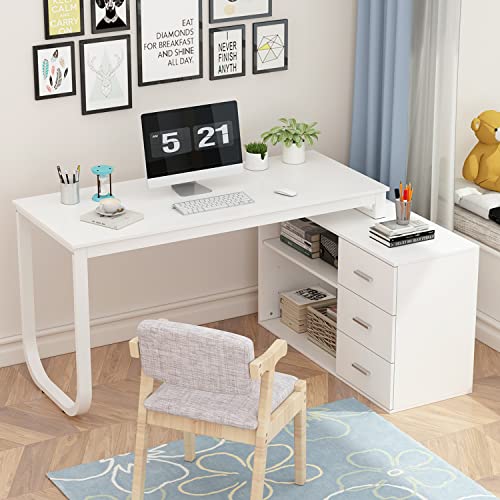 Homsee Home Office Computer Desk Corner Desk with 3 Drawers and 2 Shelves, 55 Inch Large L-Shaped Study Writing Table with Storage Cabinet - White