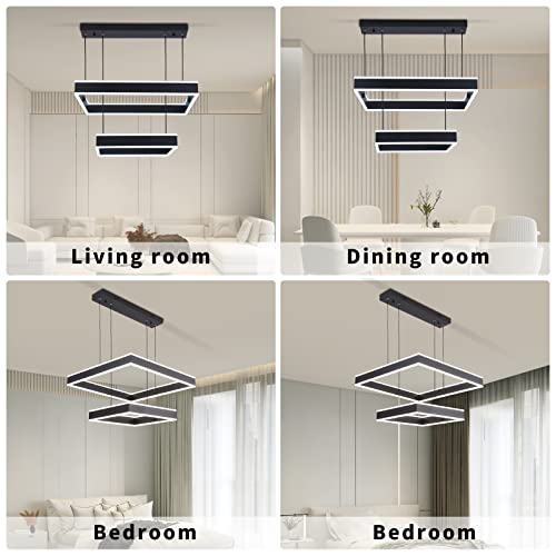 Behsig Modern Chandelier,Modern Led Chandelier,2 Rings Square Chandelier for Living Room,Adjustable Height,Chandelier Lighting Fixture High Ceiling Hanging Dining Room LED Pendant Light