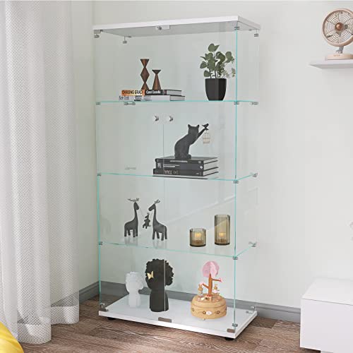 64.5'' Contemporary 4-Shelf Case Glass Display Cabinet in Clear with Two Door, Modern Curio Cabinet Collection Display Case, Floor Standing Bookshelf for Living Room Bedroom Home Office (White)