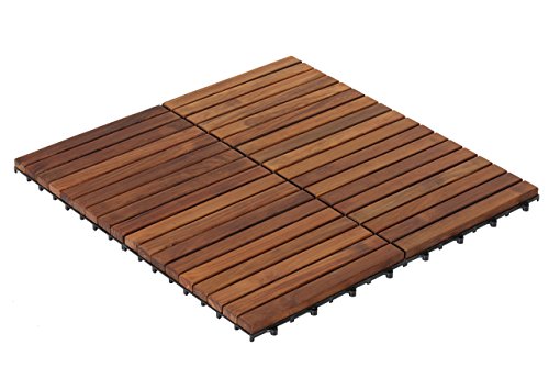 Bare Decor EZ-Floor Interlocking Flooring Tiles in Solid Teak Wood Oiled Finish (Set of 10), Long 9 Slat