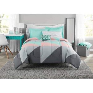 mainstay grey & teal bed in a bag bedding set (queen)
