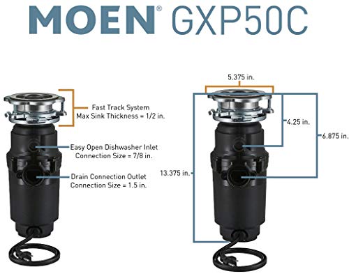 Moen GXP50C Prep Series PRO 1/2 HP Continuous Feed Garbage Disposal, Power Cord Included