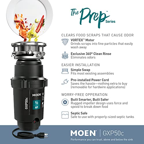 Moen GXP50C Prep Series PRO 1/2 HP Continuous Feed Garbage Disposal, Power Cord Included