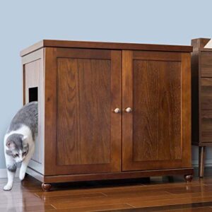 the refined feline cat litter box enclosure cabinet, modern, mahogany brown, tulip feet, xlarge, hidden litter cat furniture with drawer
