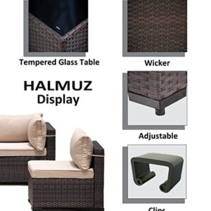 Halmuz 8 Piece Outdoor Patio Furniture Set with Gas Fire Pit Table, Wicker Propane Fire Pit Table Combo Sofa with Windshield and Coffee Table (Brown)