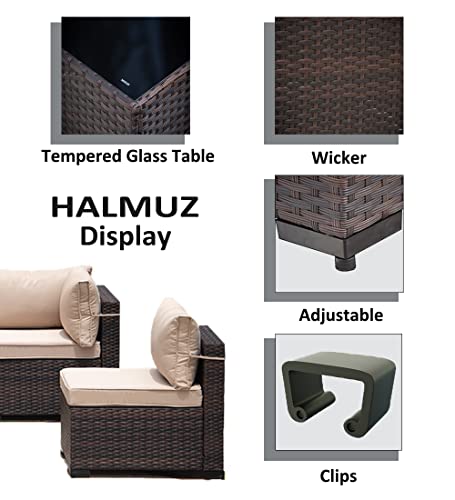 Halmuz 8 Piece Outdoor Patio Furniture Set with Gas Fire Pit Table, Wicker Propane Fire Pit Table Combo Sofa with Windshield and Coffee Table (Brown)