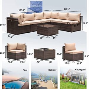 Halmuz 8 Piece Outdoor Patio Furniture Set with Gas Fire Pit Table, Wicker Propane Fire Pit Table Combo Sofa with Windshield and Coffee Table (Brown)