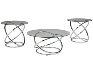signature design by ashley hollynyx contemporary round 3-piece occasional table set, includes coffee table and 2 end tables, chrome