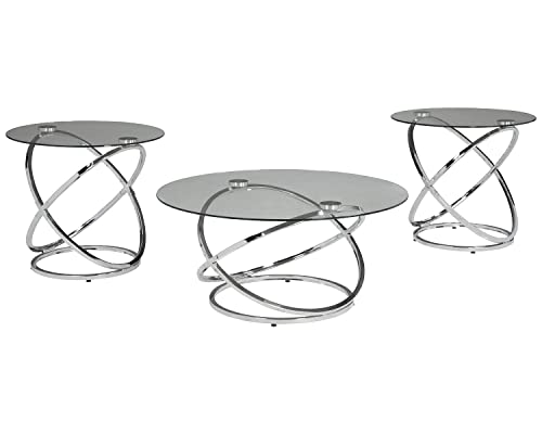 Signature Design by Ashley Hollynyx Contemporary Round 3-Piece Occasional Table Set, Includes Coffee Table and 2 End Tables, Chrome