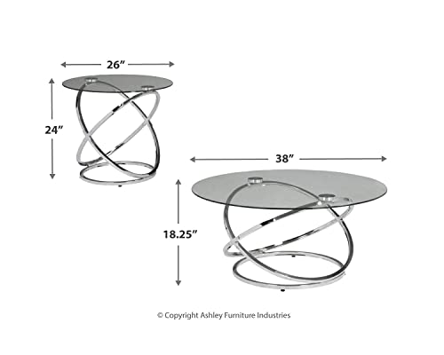 Signature Design by Ashley Hollynyx Contemporary Round 3-Piece Occasional Table Set, Includes Coffee Table and 2 End Tables, Chrome