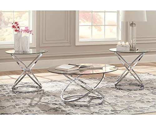 Signature Design by Ashley Hollynyx Contemporary Round 3-Piece Occasional Table Set, Includes Coffee Table and 2 End Tables, Chrome