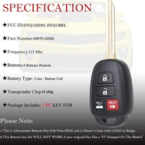 Key Fob Remote Replacement Fits for Toyota Corolla 2014 2015 2016 2017 2018 2019/Camry 2014-2017/Tacoma 2016-2018 HYQ12BDM Keyless Entry Remote Control HYQ12BEL 89070-02880 H Chip(Pack of 1)