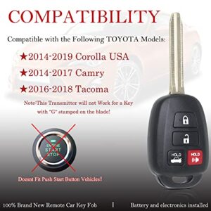 Key Fob Remote Replacement Fits for Toyota Corolla 2014 2015 2016 2017 2018 2019/Camry 2014-2017/Tacoma 2016-2018 HYQ12BDM Keyless Entry Remote Control HYQ12BEL 89070-02880 H Chip(Pack of 1)