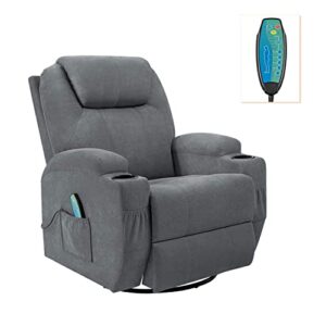 Flamaker Rocking Chair Recliner Chair with Massage and Heating 360 Degree Swivel Ergonomic Lounge Chair Classic Single Sofa with 2 Cup Holders Side Pockets Living Room Chair Home Theater Seat (Gray)