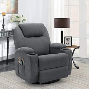 Flamaker Rocking Chair Recliner Chair with Massage and Heating 360 Degree Swivel Ergonomic Lounge Chair Classic Single Sofa with 2 Cup Holders Side Pockets Living Room Chair Home Theater Seat (Gray)