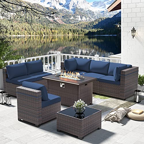 Gotland 8 Piece Outdoor Patio Furniture Set with Gas Fire Pit Table Patio Furniture Sectional Sofa w/43in Propane Fire Pit, 55,000 BTU Auto-Ignition Firepit w/Glass Wind Guard