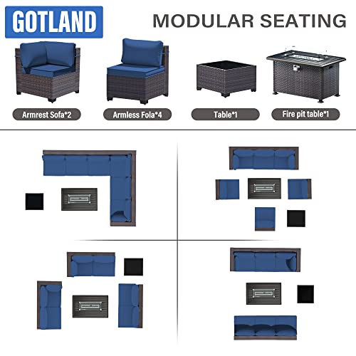 Gotland 8 Piece Outdoor Patio Furniture Set with Gas Fire Pit Table Patio Furniture Sectional Sofa w/43in Propane Fire Pit, 55,000 BTU Auto-Ignition Firepit w/Glass Wind Guard