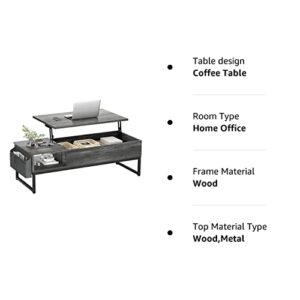 Aheaplus Lift Top Coffee Table with Storage, Wood Lifting Top Central Table Metal Frame, 43.3" Lift Tabletop Tea Table with Side Pouch, Cocktail Table Modern Pop up Adjustable Table for Living Room