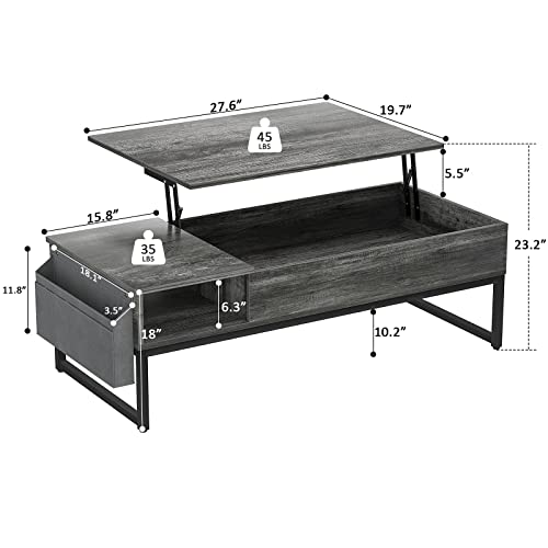 Aheaplus Lift Top Coffee Table with Storage, Wood Lifting Top Central Table Metal Frame, 43.3" Lift Tabletop Tea Table with Side Pouch, Cocktail Table Modern Pop up Adjustable Table for Living Room