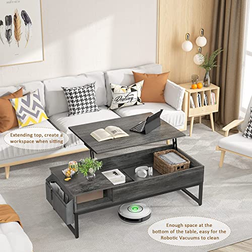 Aheaplus Lift Top Coffee Table with Storage, Wood Lifting Top Central Table Metal Frame, 43.3" Lift Tabletop Tea Table with Side Pouch, Cocktail Table Modern Pop up Adjustable Table for Living Room